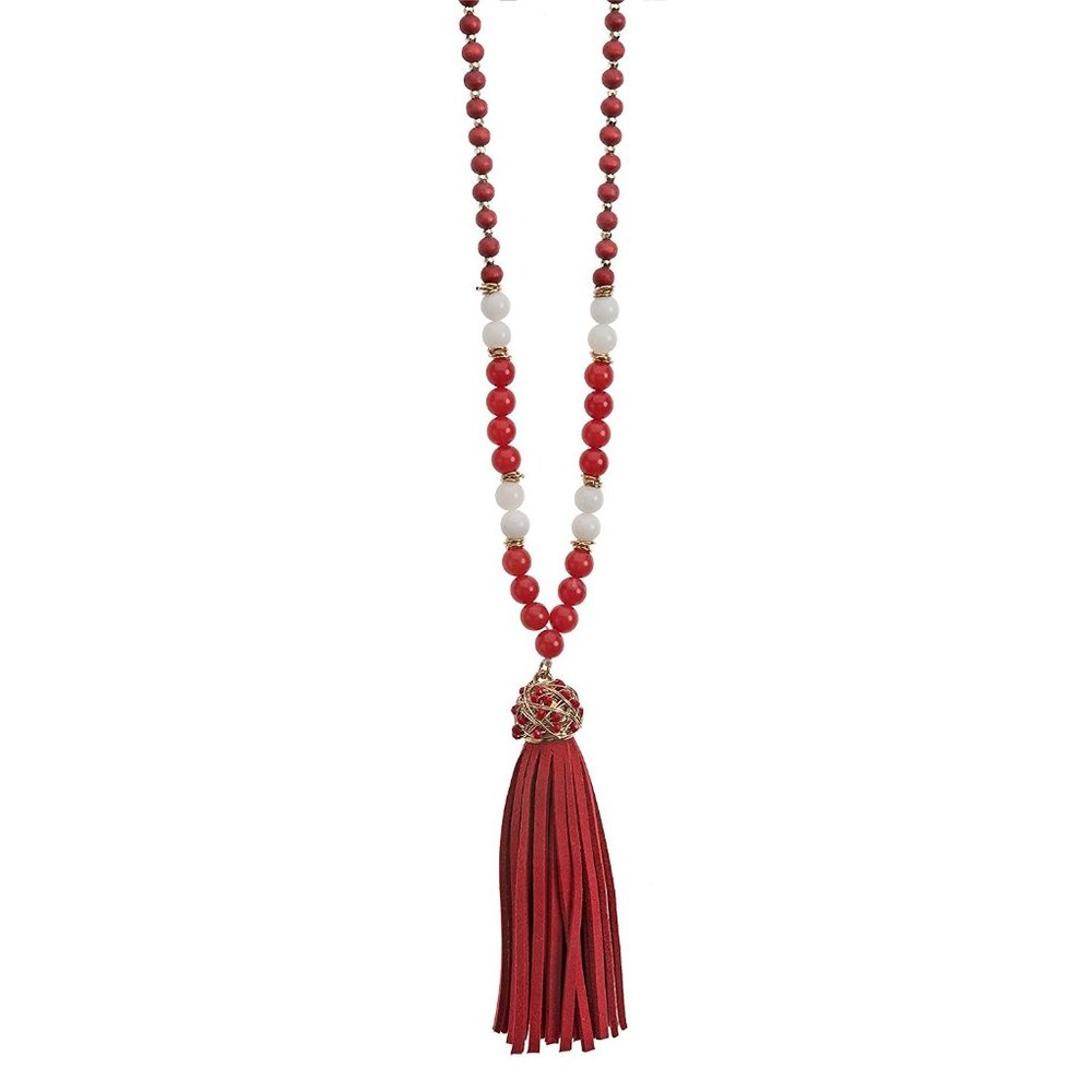 Red and White Jade Bead Necklace with Suede Tassel